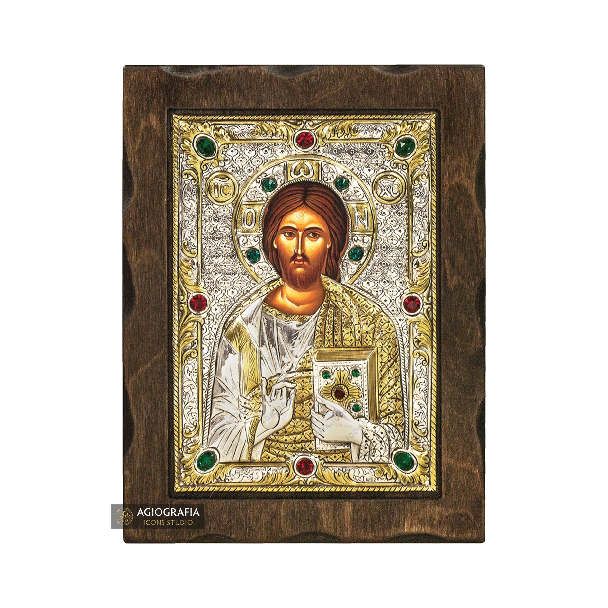 Jesus Christ Blessing Silver Gold Plated Wood Icon with Crystals