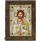 Jesus Christ Blessing Silver Gold Plated Wood Icon with Crystals