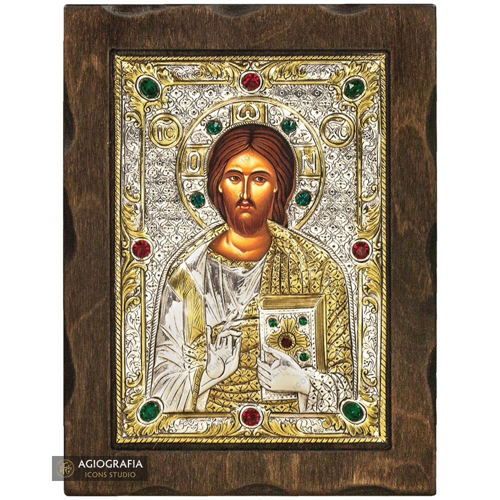 Jezus Chrystus Błogosławiący posrebrzana i pozłacana ikona na drewnie z kryształami