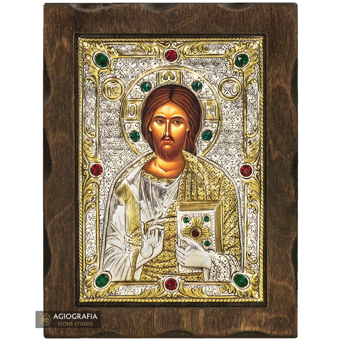 Jésus-Christ qui bénit icône en bois argentée et dorée avec cristaux
