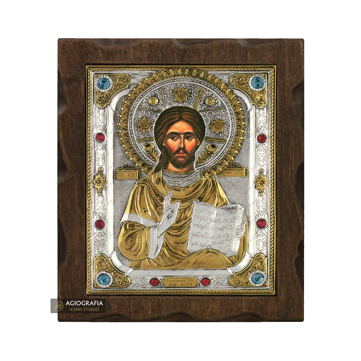 Jesus Christ Blessing Silver Gold Plated Wood Icon with Crystals
