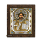 Jesus Christ Blessing Silver Gold Plated Wood Icon with Crystals
