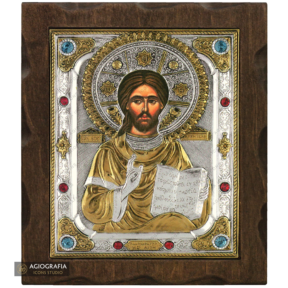 Jesus Christ Blessing Silver Gold Plated Wood Icon with Crystals