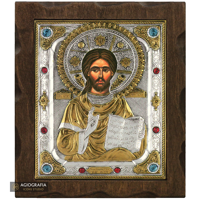 Gesù Cristo che benedice icona in legno argentata e dorata con cristalli