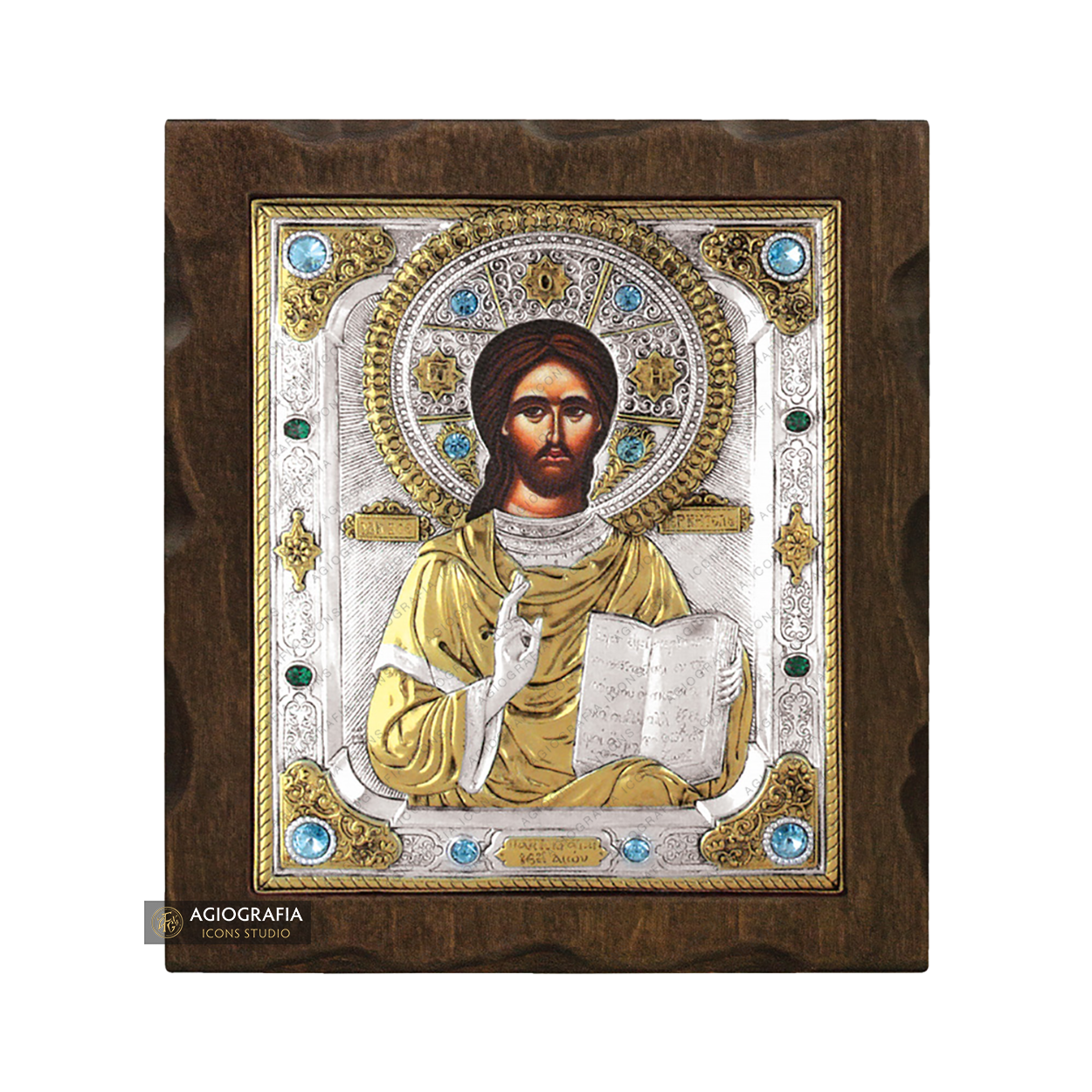 Jesus Christ Blessing Silver Gold Plated Wood Icon with Crystals