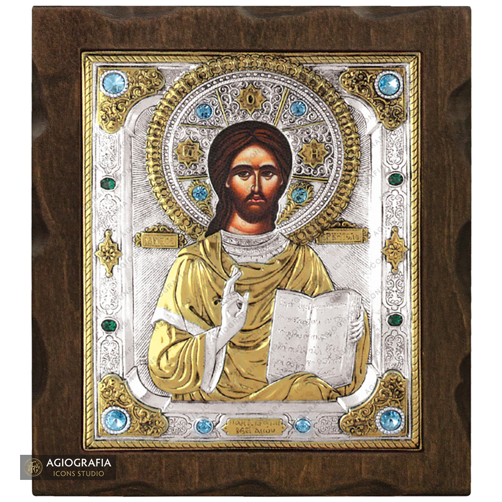 Jesus Christ Blessing Silver Gold Plated Wood Icon with Crystals