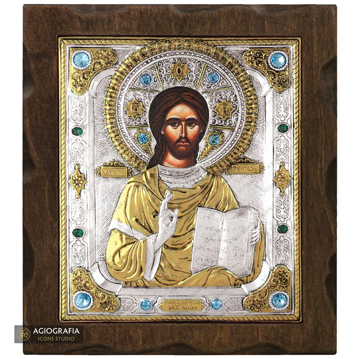Gesù Cristo che benedice icona in legno argentata e dorata con cristalli
