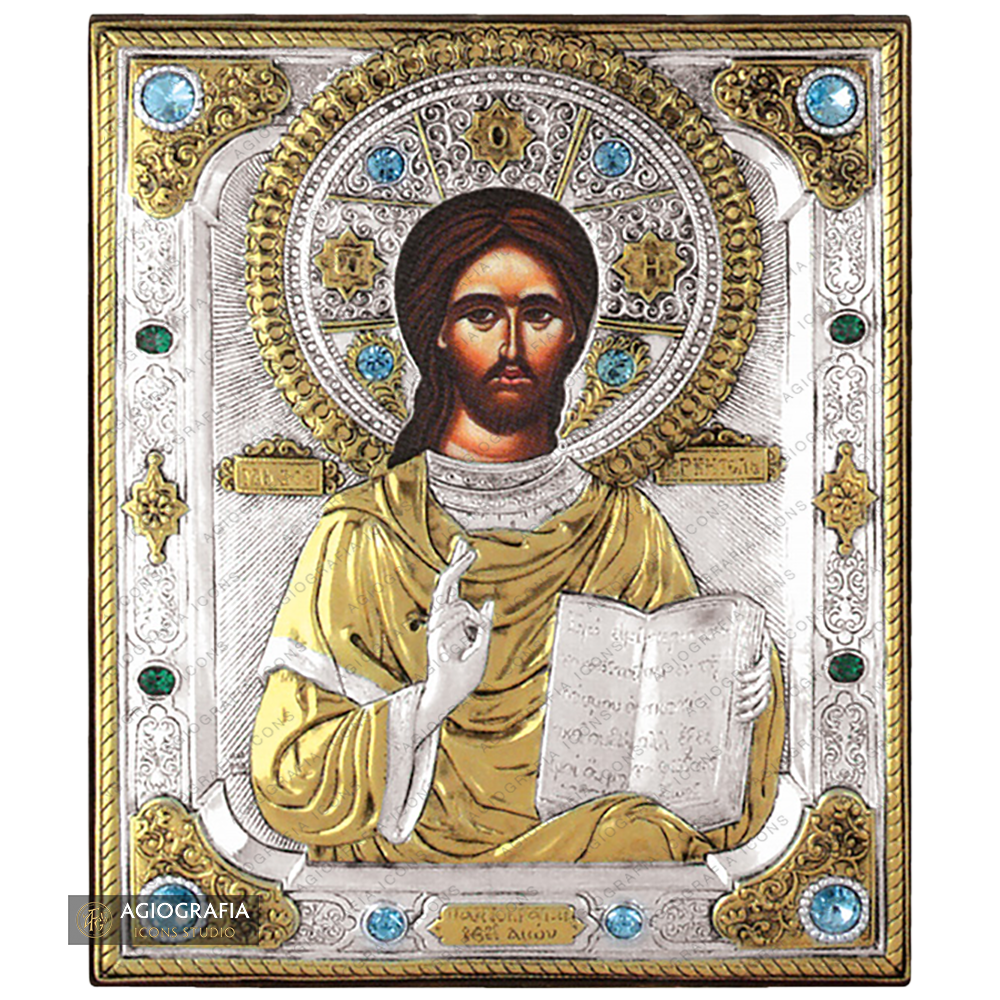 Jesus Christ Blessing Silver Gold Plated Wood Icon with Crystals