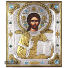 Jesus Christ Blessing Silver Gold Plated Wood Icon with Crystals