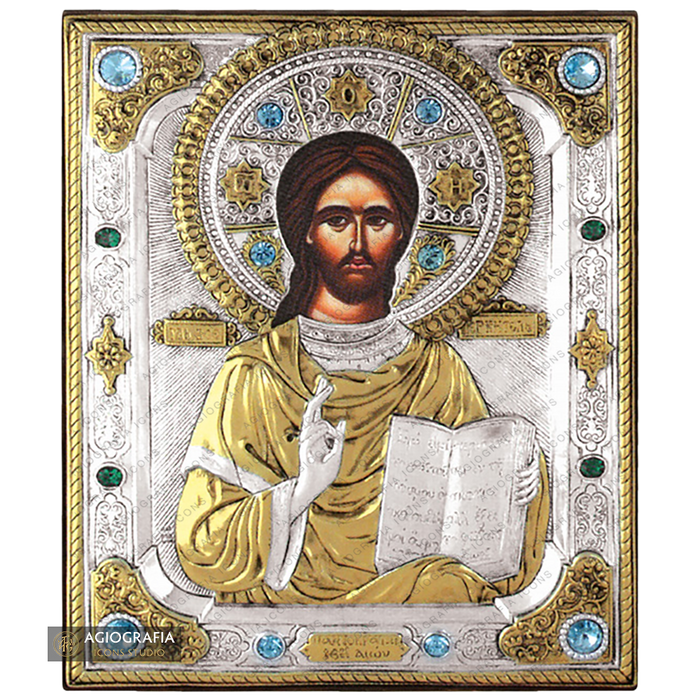 Gesù Cristo che benedice icona in legno argentata e dorata con cristalli