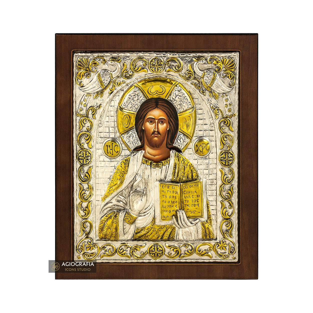 Jesus Christ The One Who Blesses Silver Gold Plated Icon on Wood