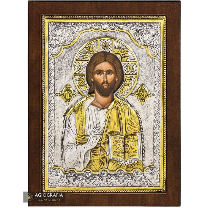 Jezus Chrystus Błogosławiący chrześcijańska prawosławna posrebrzana ikona