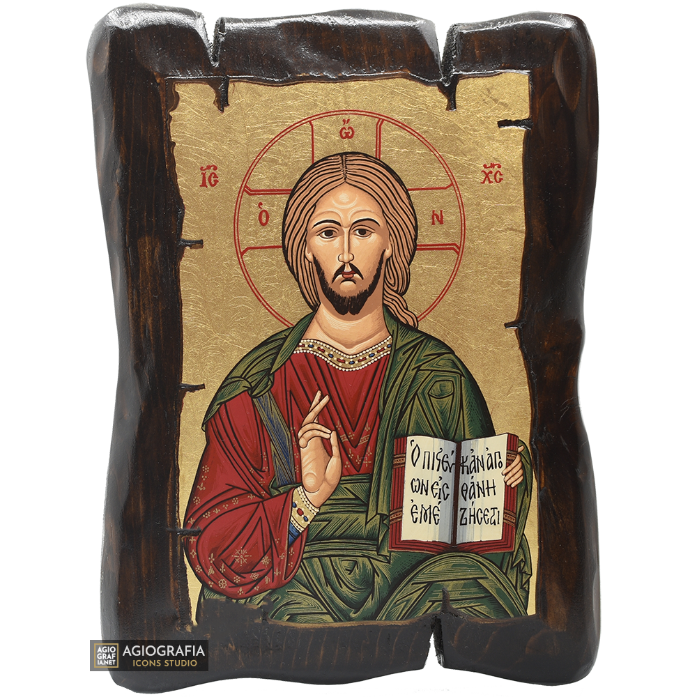 Jesus Christ Blessing Orthodox Icon on Carved Wood with Gold Leaf