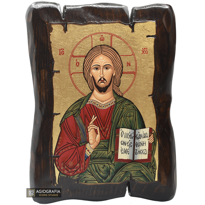 Jésus-Christ bénissant icône orthodoxe sur bois sculpté à la feuille d'or