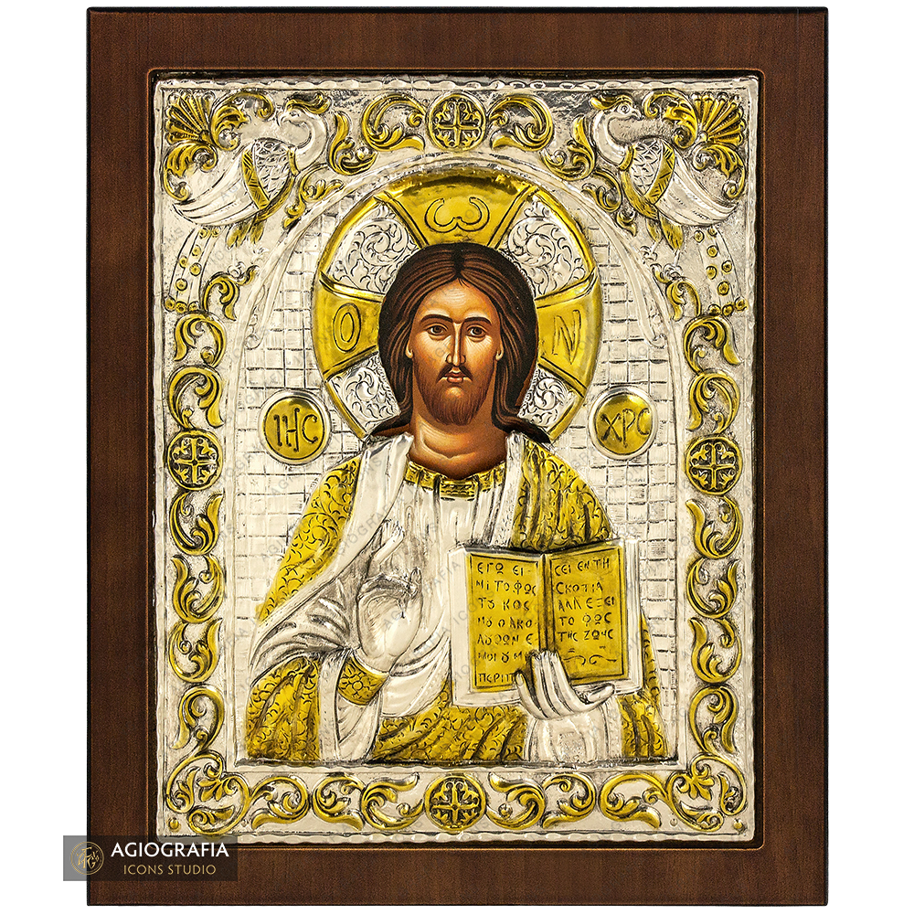 Jesus Christ The One Who Blesses Silver Gold Plated Icon on Wood