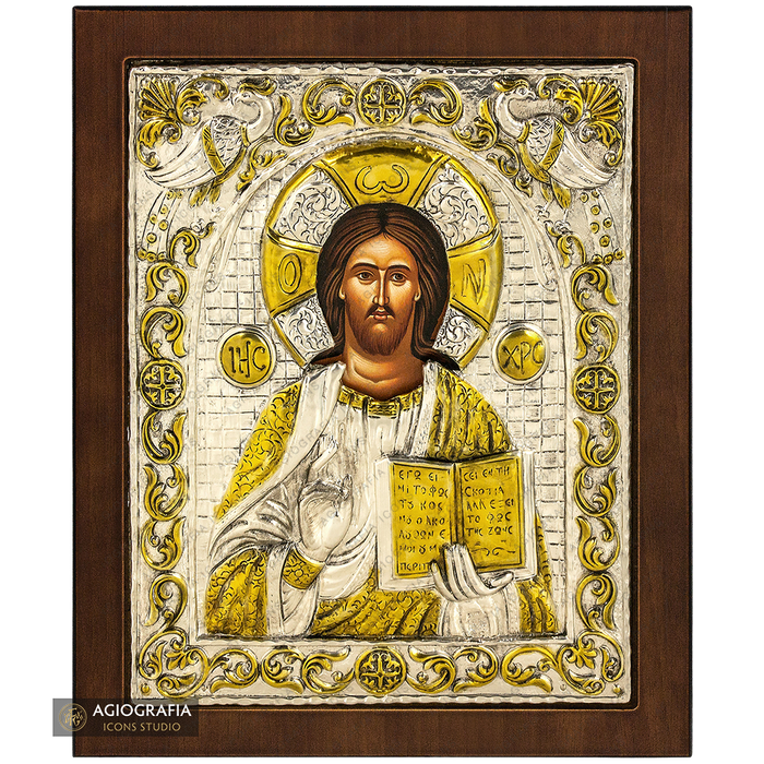 Jésus-Christ celui qui bénit icône plaquée argent et or sur bois