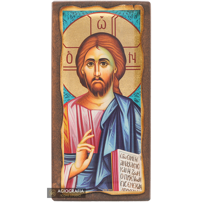 Jesus Christ The One Who Blesses Christian Icon with Aged Gold Leaves