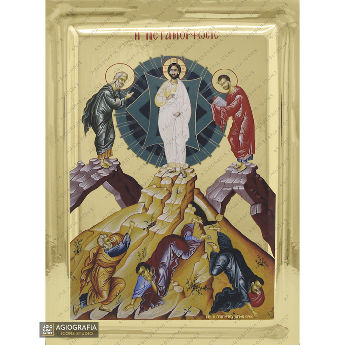 Trasfigurazione di Gesù Cristo icona ortodossa su legno con effetto doratura