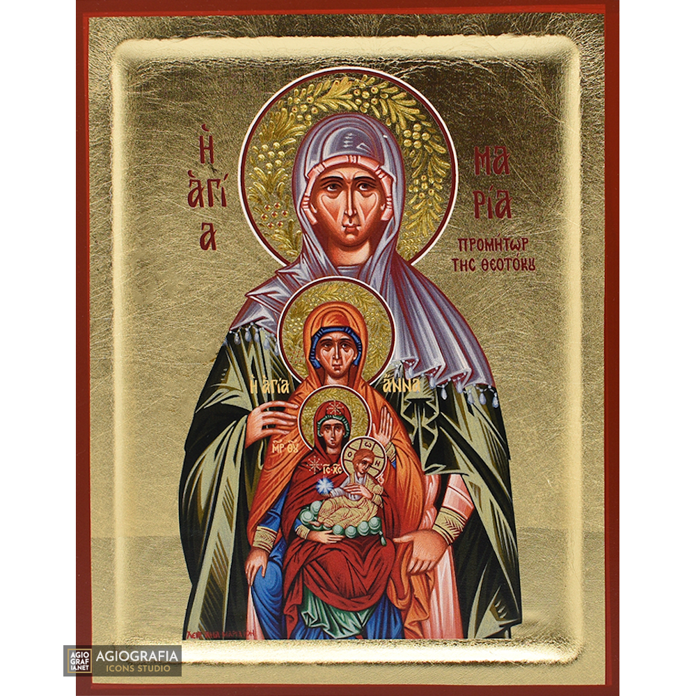 18k Virgin Mary Ancestors St Anne St Maria Greek Icon with Gold Leaf