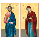 Set of 2 Cathedral Icons - Jesus Christ & Virgin Mary Christian Orthodox Wood Icon with 22 karats Gold Leaf