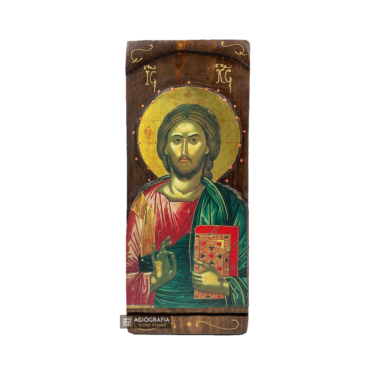 Jesus Christ Byzantine Greek Gold Print Icon on Carved Wood