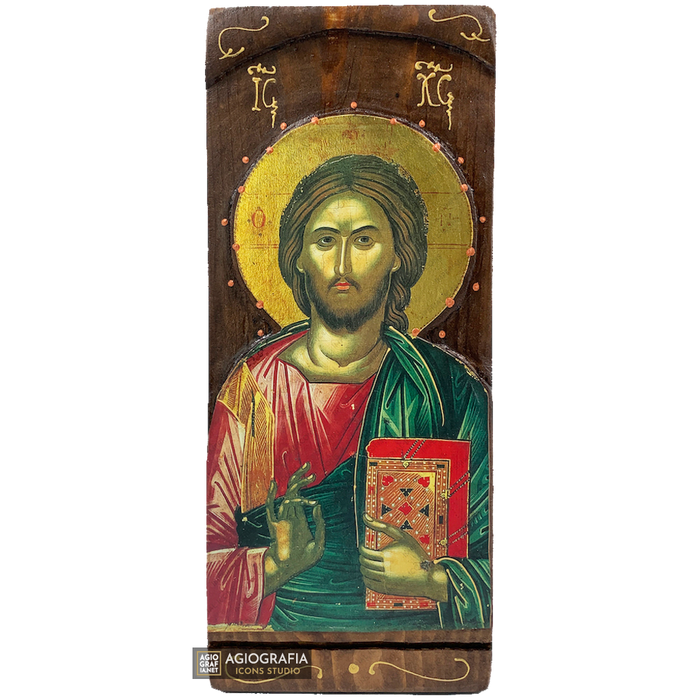 Jezus Chrystus bizantyjska grecka ikona złotego druku na rzeźbionym drewnie