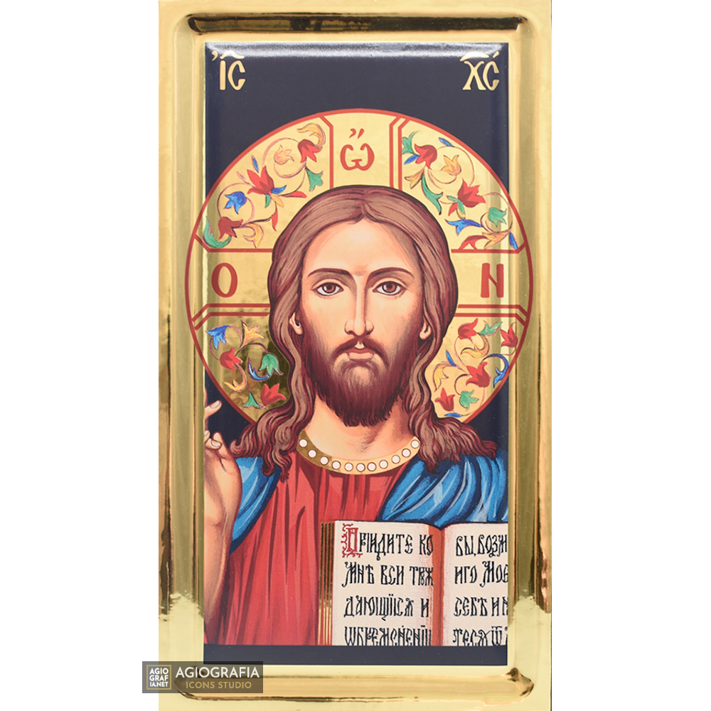 Jezus Chrystus (litery rosyjskie) prawosławna ikona ze złotem z efektem złocenia