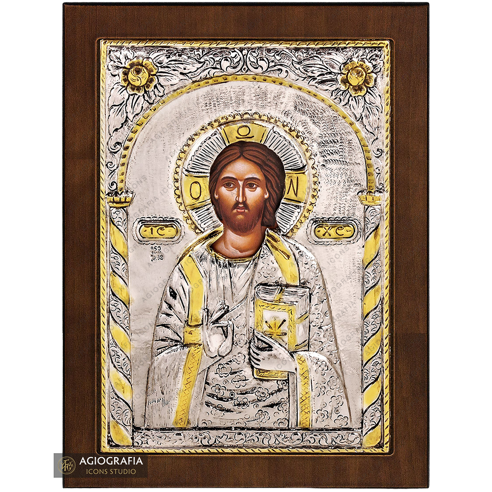 Jezus Chrystus chrześcijańska prawosławna ikona posrebrzana