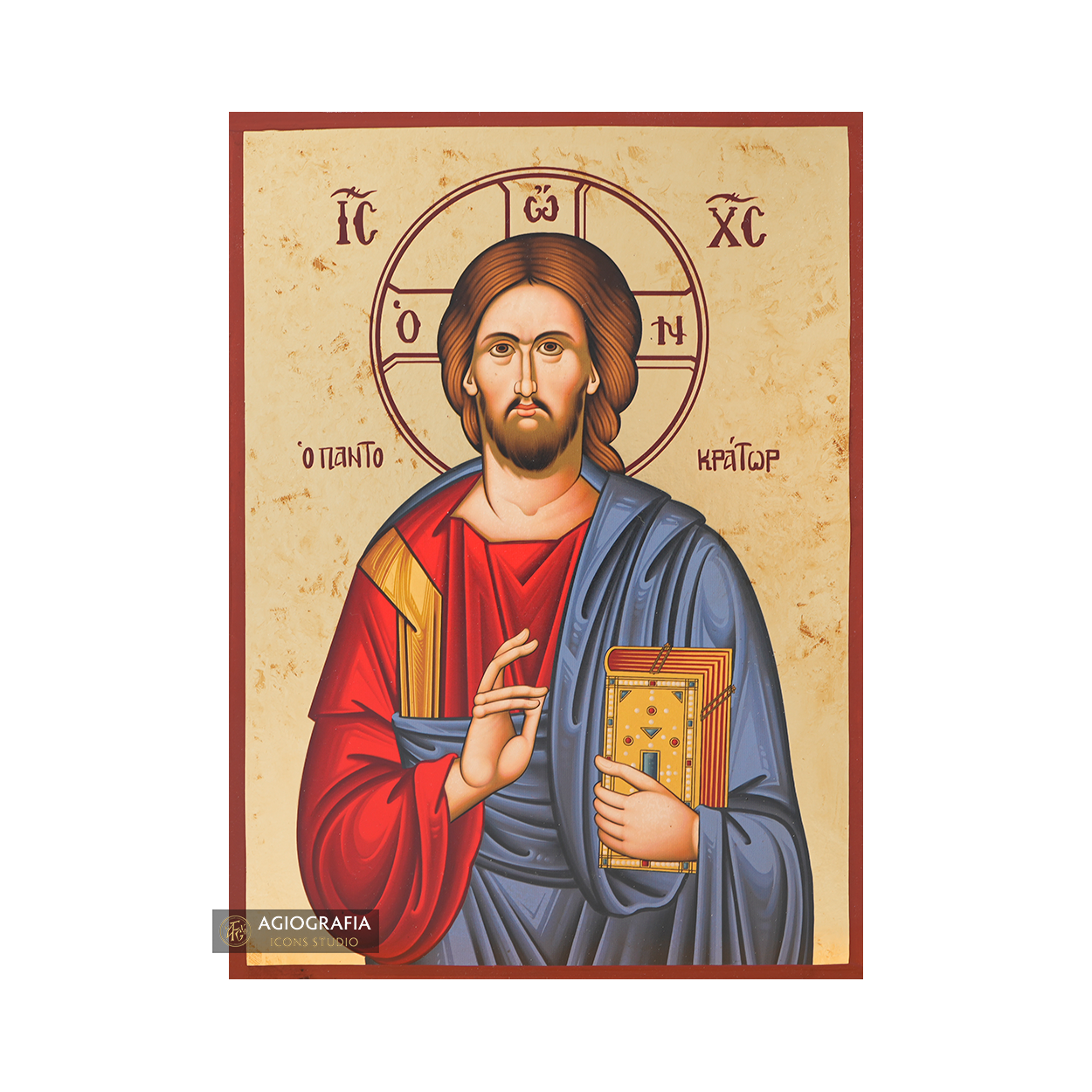 Jesus Christ Pantokrator Gold Print Icon with Aged Gold Foil