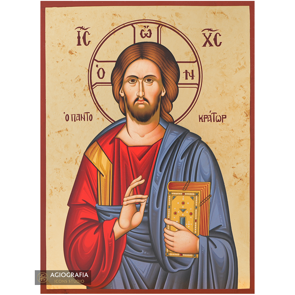 Jesus Christ Pantokrator Gold Print Icon with Aged Gold Foil