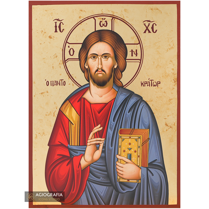 Jesus Christus Pantokrator Golddruck-Ikone mit gealterter Goldfolie