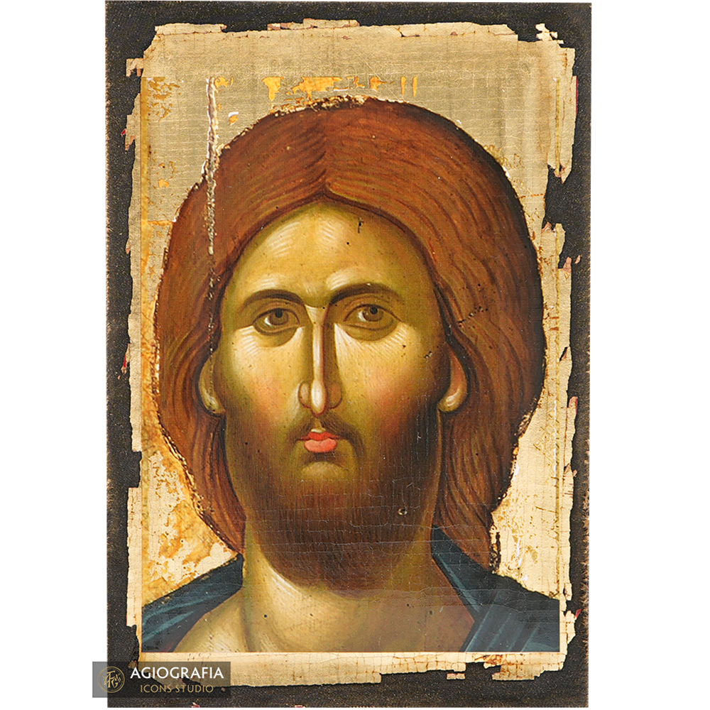 Gesù Cristo Onnipotente icona greca con foglie d'oro anticate