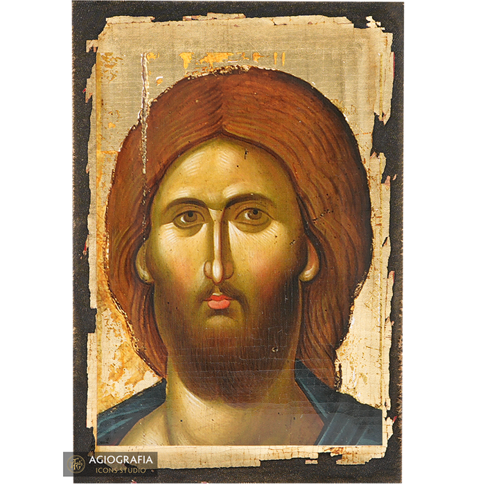 Gesù Cristo Onnipotente icona greca con foglie d'oro anticate