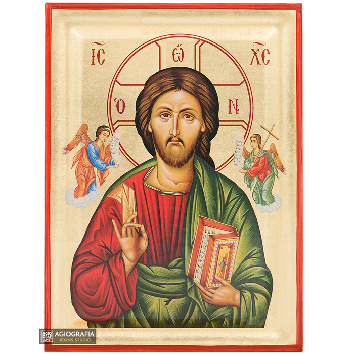 Jesus Christus mit Engeln, orthodoxe Ikone mit Goldblättern
