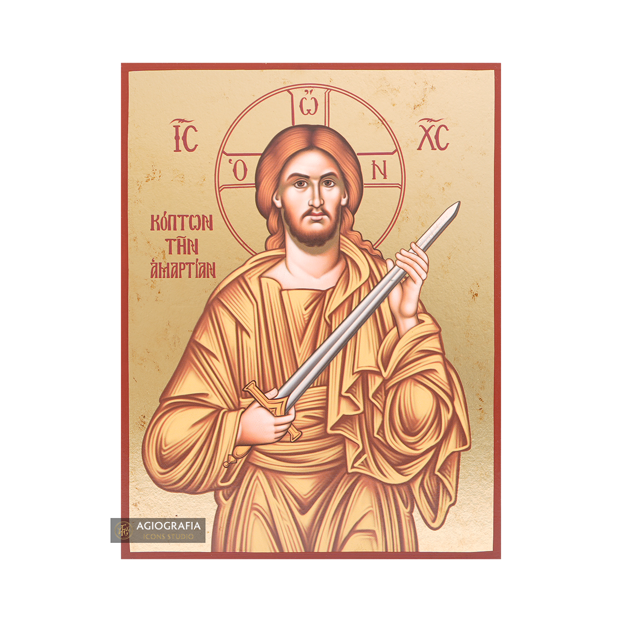 Jesus Christ with Sword Gold Print Christian Icon on Aged Gold Foil