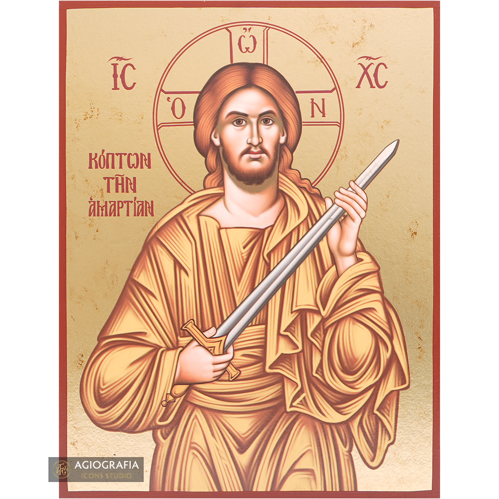 Gesù Cristo con la spada icona cristiana a stampa oro su foglia d'oro anticata