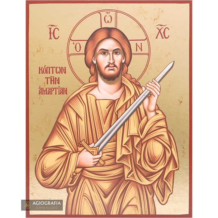 Jesus Christ with Sword Gold Print Christian Icon on Aged Gold Foil
