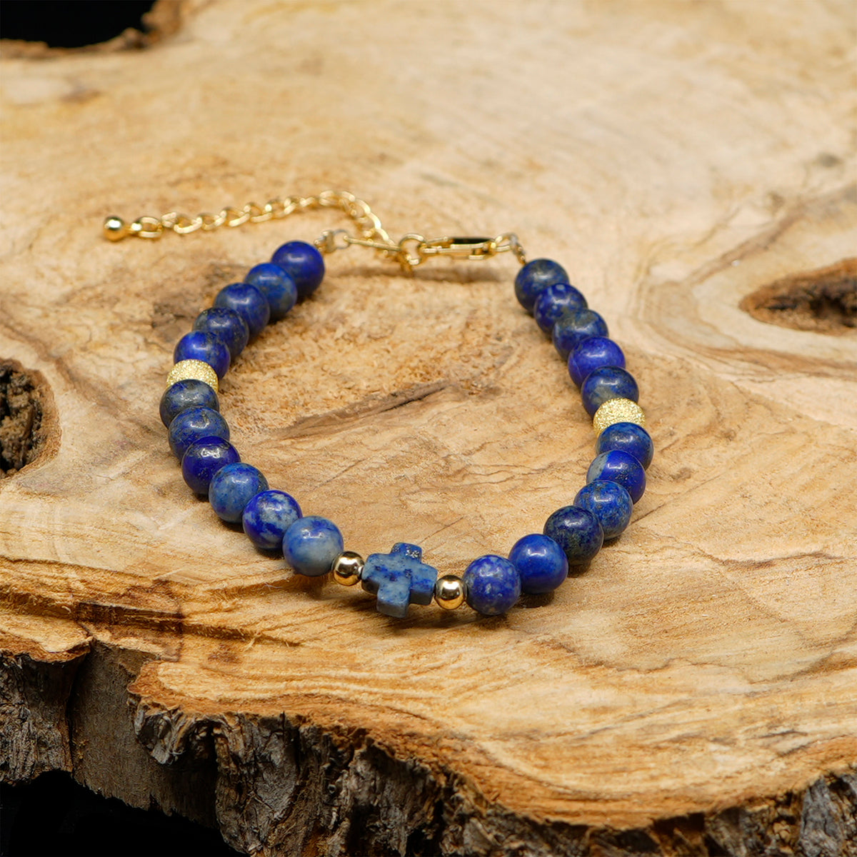 Bracelet chrétien pour femme en lapis-lazuli, plaqué or 24 carats