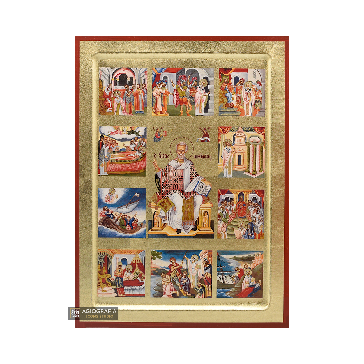 18k Life and Miracles of Saint Nicholas Orthodox Icon with Gold Leaf