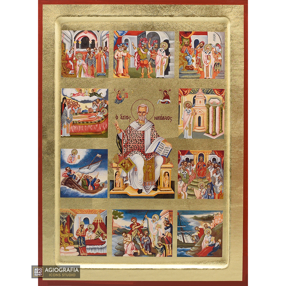 18k Life and Miracles of Saint Nicholas Orthodox Icon with Gold Leaf