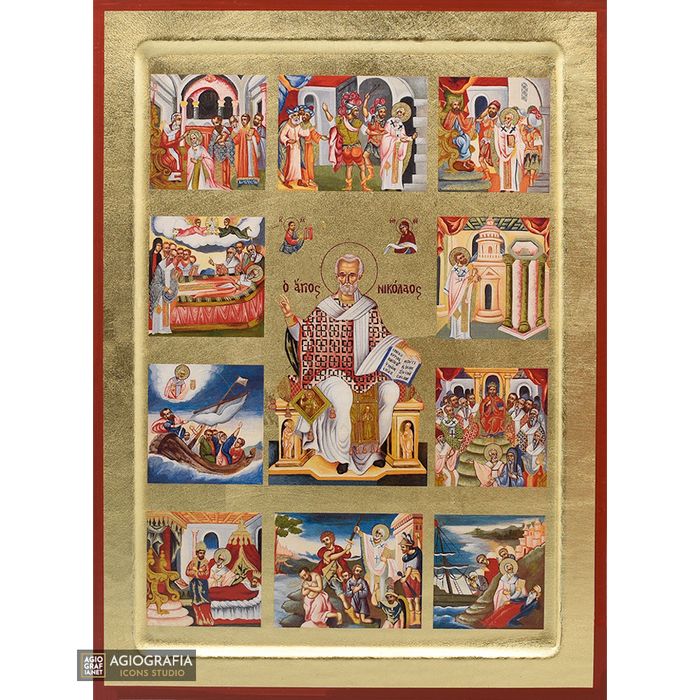 18k Leben und Wunder des Heiligen Nikolaus orthodoxe Ikone mit Blattgold