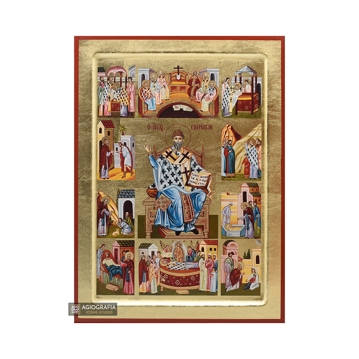 18k Life and Miracles of Saint Spyridon Orthodox Icon with Gold Leaf