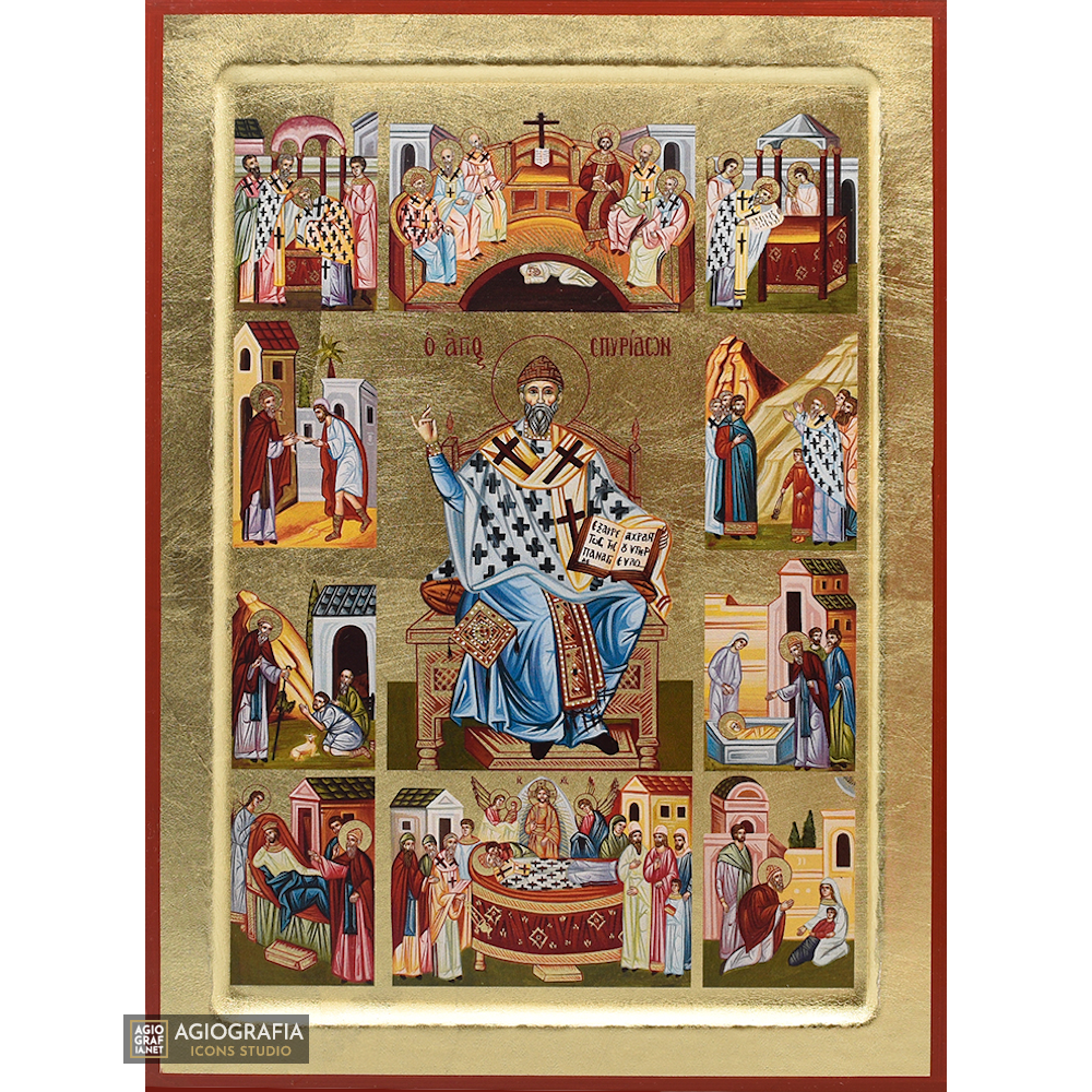 18k Life and Miracles of Saint Spyridon Orthodox Icon with Gold Leaf