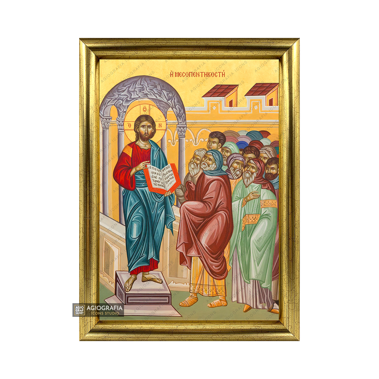22k Mid-Pentecost Framed Greek Orthodox Icon with Gold Leaf