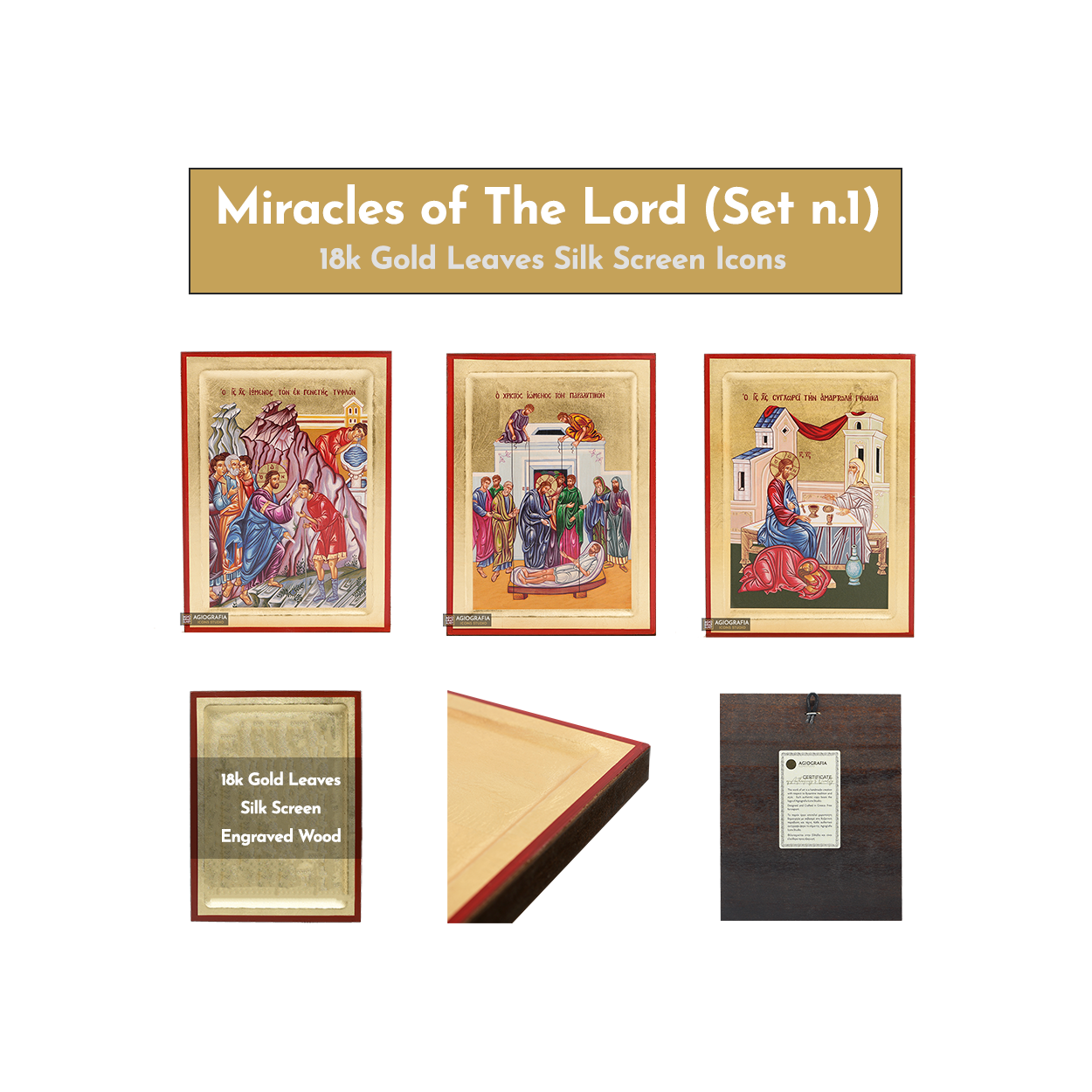 18k Miracles of The Lord Set - 3 Small Gold Leaf Icons Set