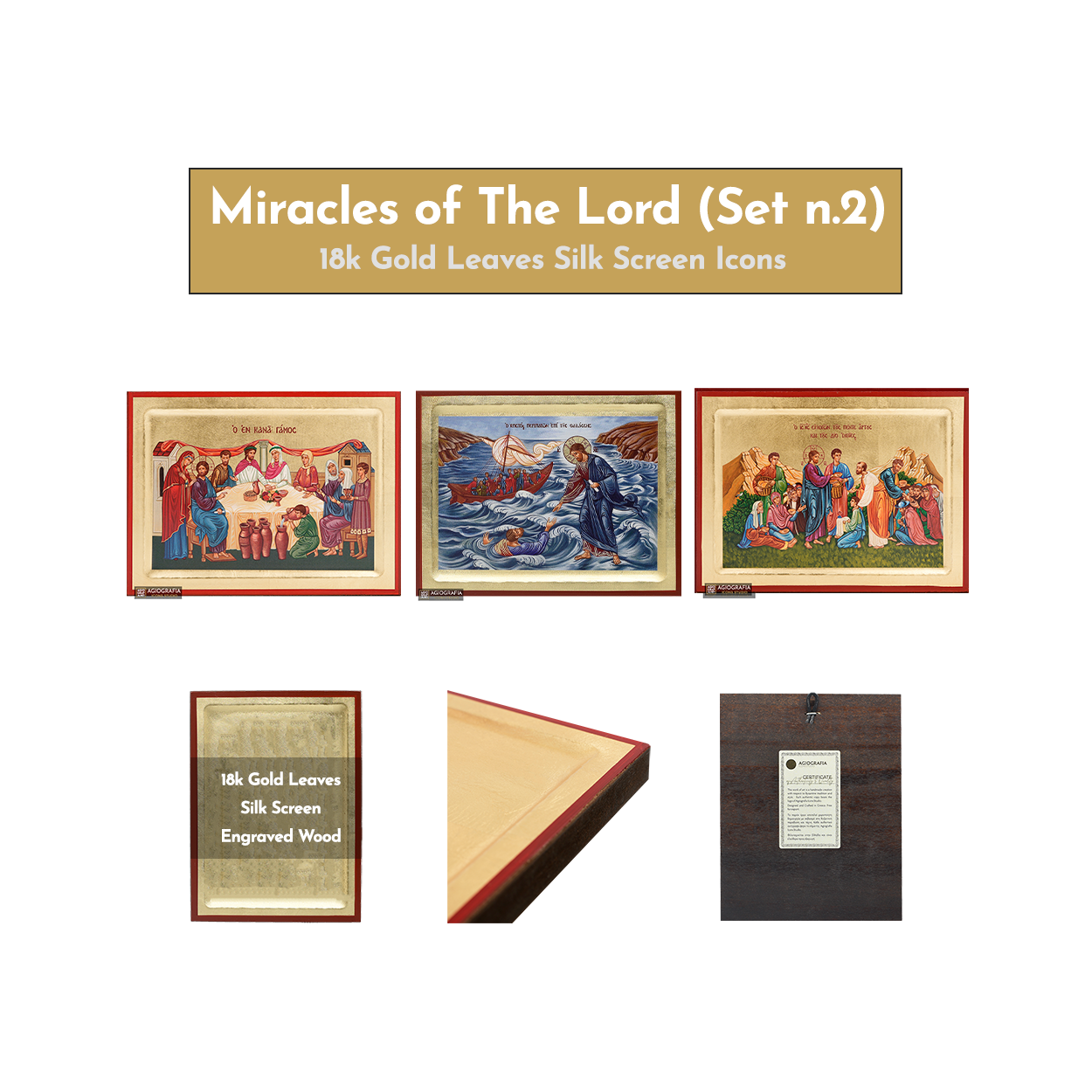 18k Miracles of The Lord Set - 3 Small Gold Leaf Icons set