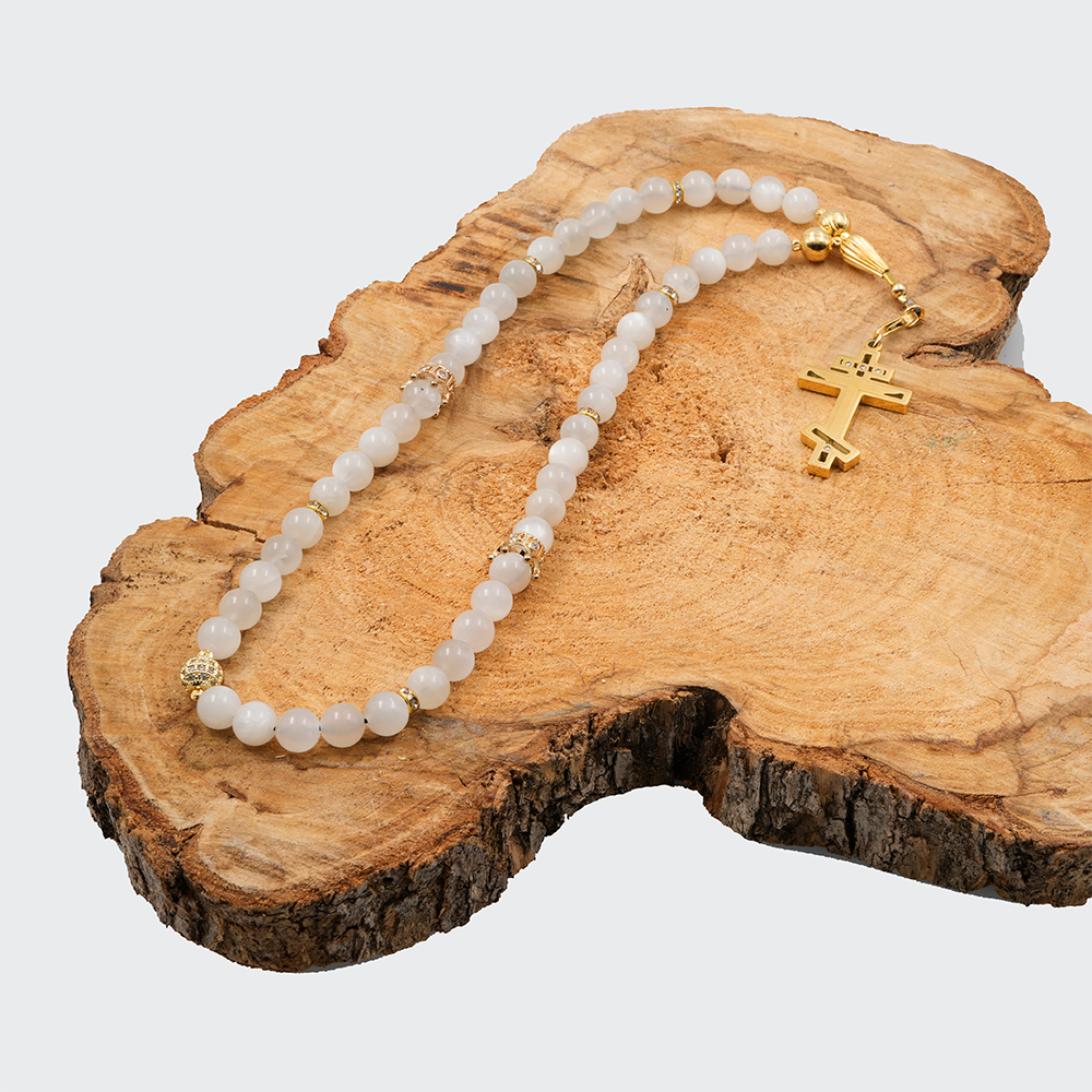 Orthodox Prayer Rope White Moonstone – Gold Plated Cross