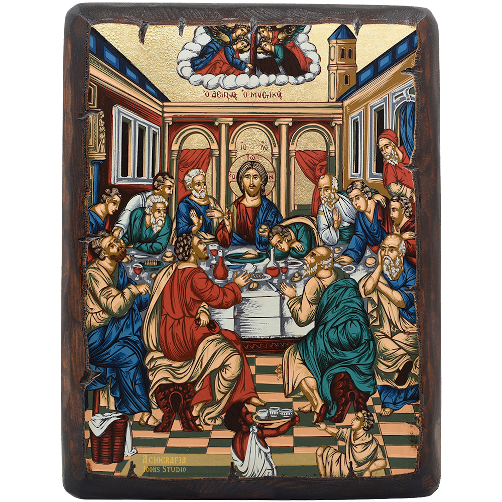 Mystical Supper Orthodox Icon on Carved Wood with Gold Leaf