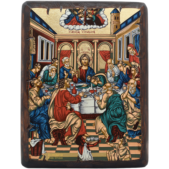 Cène mystique icône orthodoxe sur bois sculpté à la feuille d'or