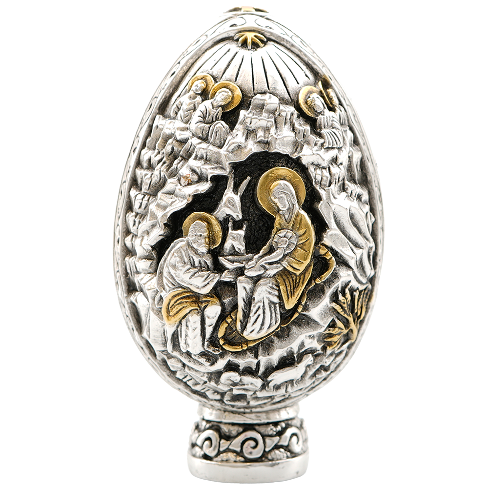 Jesus Christ's Nativity and Baptism Pure Silver and 24k Gold Plated Egg